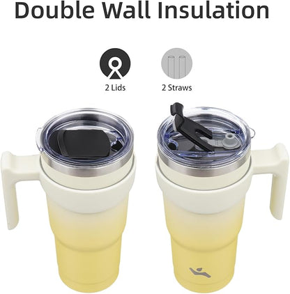 20 oz Tumbler with Handle and 2 Straw 2 Lid, Insulated Water Bottle Stainless Steel Vacuum Cup Reusable Travel Mug,Lemon