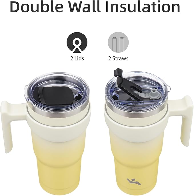 20 oz Tumbler with Handle and 2 Straw 2 Lid, Insulated Water Bottle Stainless Steel Vacuum Cup Reusable Travel Mug,Lemon