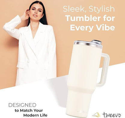 40 oz Tumbler With Handle and Straw Made of Stainless Steel - Double Wall Vacuum Insulated Tumbler With Lid - Sweat Proof Easy Grip, BPA-Free, Dishwasher Safe Tumbler (Cream)