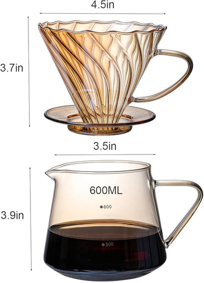 Pour Over Coffee Maker Set, 600ML Glass Carafe Coffee Server with Dripper Set, V60 Glass Coffee Filter for Home Office Gift, 1-4 Cups (Gold)