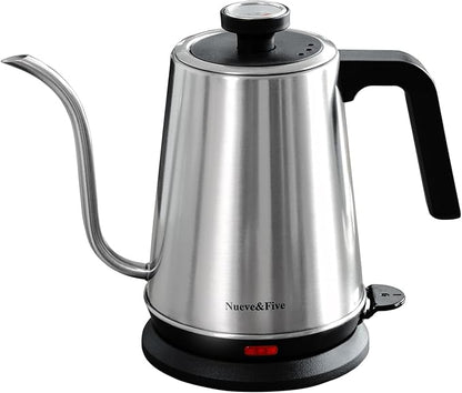 Nueve&Five Gooseneck Electric Kettle with Thermometer,Electric Tea Kettle 1L with Auto Shut-Off，1000W Hot Water Kettle of Stainless Steel,Pour Over Kettle for Coffee & Tea -Chrome