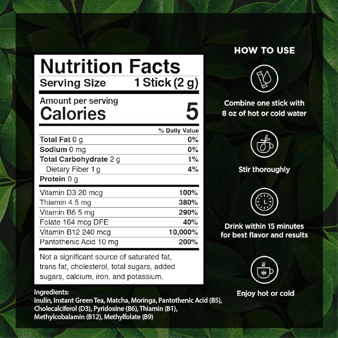 VitaCup Green Tea Instant Packets, Enhance Energy & Detox with Matcha, Moringa, B Vitamins, D3, Fiber, Keto, Paleo, Vegan in Tea Powder Single Serving Sticks, 48 Ct