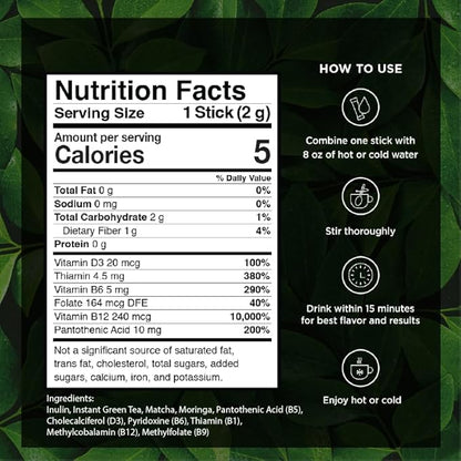 VitaCup Green Tea Instant Packets, Enhance Energy & Detox with Matcha, Moringa, B Vitamins, D3, Fiber, Keto, Paleo, Vegan in Tea Powder Single Serving Sticks, 48 Ct