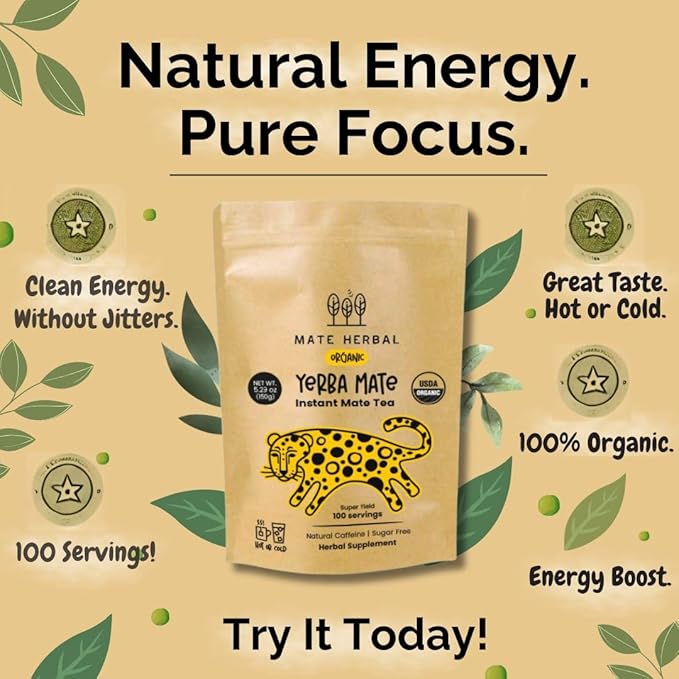 Instant Yerba Mate Tea Powder 5.30 oz (150 g) – Organic Certified USDA – Natural Caffeine – Sugar-Free - Herbal Supplement – 100 Servings per Pack (1-PACK)