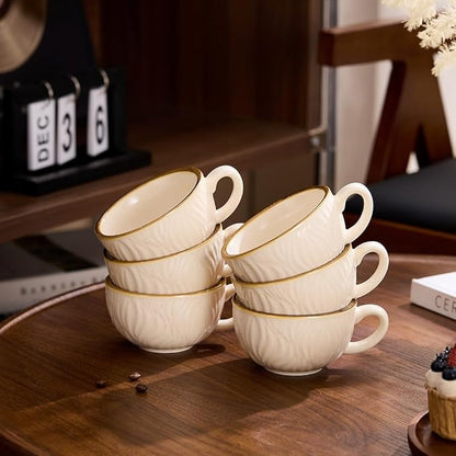 Set of 6 Vintage Design 12 oz Professional Barista Ceramic Latte Art Cappuccino Cups Set (Wave Beige)