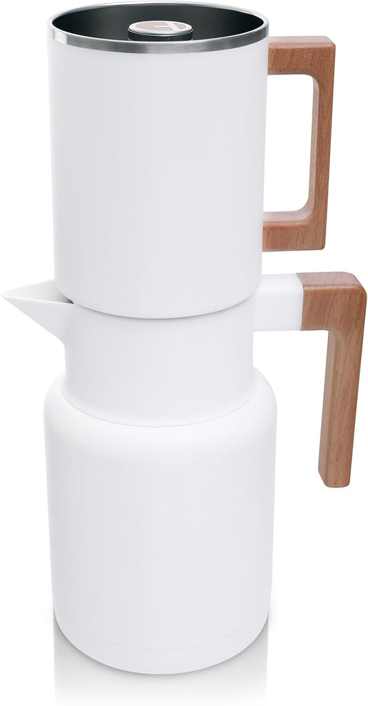 HASTINGS 50 Oz Pour Over Coffee Maker Set with Double Layer Reusable Stainless Steel Filter 8-Cup and Wood Handle - Dual Wall Heat Resistant Drip Coffee Brewer, Pour Over Coffee Dripper Carafe, White