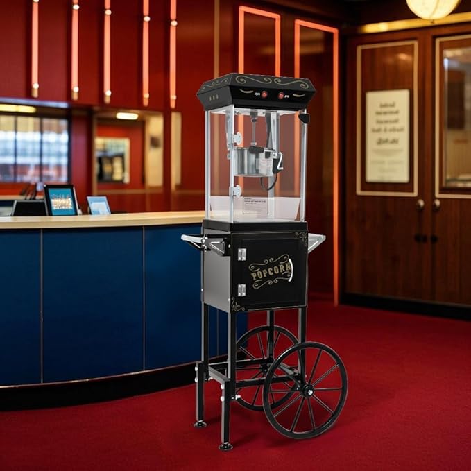 Commercial Popcorn Machine with Cart & 8 Oz Pot, Stainless Steel Vintage Style Popcorn Maker with Wheels, Lockers & Oil Spoon for Home Theater, Parties, Business