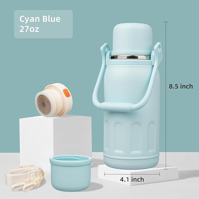 Insulated Water Bottle with Handle and Strap,Vacuum Travel Tumbler with Cup Lid,Thermo Coffee Cup for Hot Cold Drinks 27 OZ,Cyan Blue