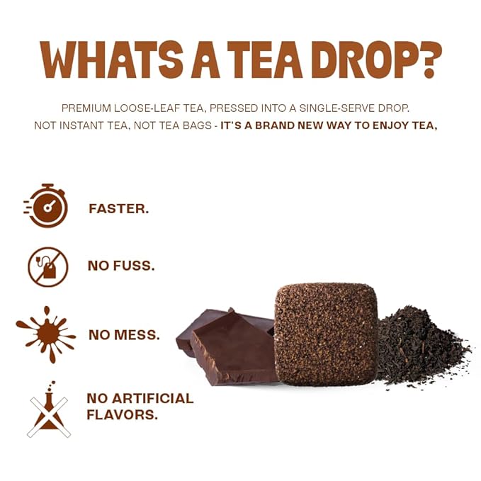 Tea Drops 30 Bulk Pack Organic Chocolate Earl Grey Bagless Tea - Loose Leaf, Lightly Sweetened, On-The-Go. Plastic-Free - Iced or Hot Tea