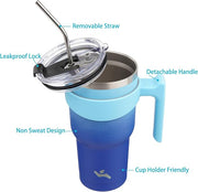40 oz Tumbler with Handle and 2 Straw 2 Lid, Insulated Water Bottle Stainless Steel Vacuum Cup Reusable Travel Mug,Sky