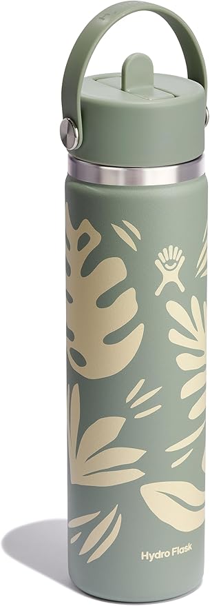 Hydro Flask Water Bottle - Insulated Stainless Steel - Wide Mouth Flex Straw Lid, Non Spill, Leakproof and Refillable in 24 Oz Botanical Bliss Agave