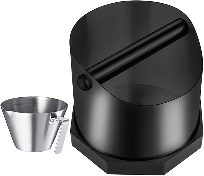 Coffee Knock Box, Large Capacity Espresso Knock Box with Non-Slip Base, Coffee Measuring Cup, Coffee Puck Knock Box Stainless Steel for Espresso Machine Coffee Grounds (Black)