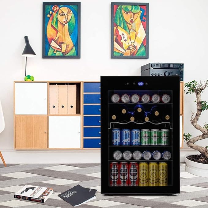 Kismile 4.5 Cu.ft Beverage Refrigerator and Cooler,126 Can Mini Fridge Glass Door with Digital Temperature Display for Soda,Beer or Wine,small Drink Dispenser Cooler for Home,Office or Bar (Black)