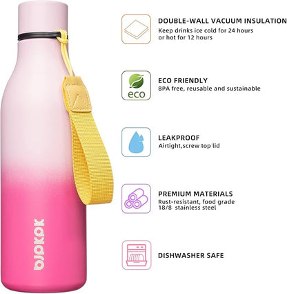 BJPKPK Insulated Water Bottles, 18 oz Stainless Steel Metal Water Bottle with Strap, BPA Free Leak Proof Jugs, Mugs, Flasks, Reusable Thermal Flasks for Sports & Travel, Cherry
