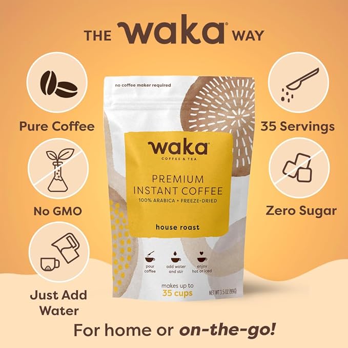 Waka Premium Instant Coffee Pouch — 100% Arabica Freeze Dried Beans — For Hot or Iced Coffee (3.5 Ounces, House Roast)