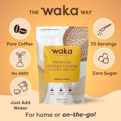 Waka Premium Instant Coffee Pouch — 100% Arabica Freeze Dried Beans — For Hot or Iced Coffee (3.5 Ounces, House Roast)