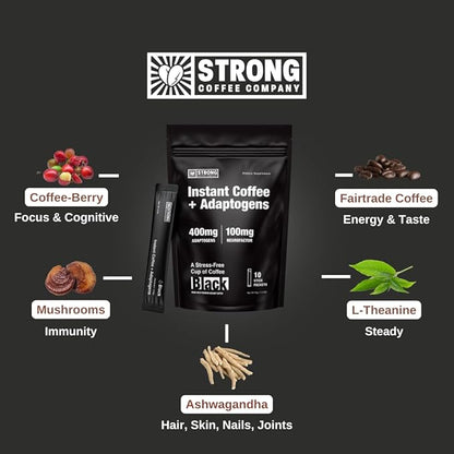 STRONG COFFEE COMPANY, ORGANIC INSTANT BLACK COFFEE – Individual Servings, Extreme Focus, Adaptogen with L-Theanine & Ashwagandha, No Jitters, No Crash (10 Packets)
