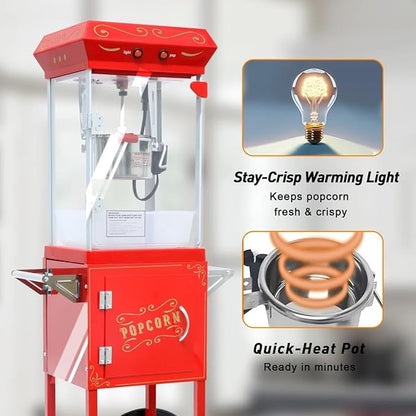 Commercial Popcorn Machine with Cart & 8 Oz Pot, Stainless Steel Vintage Style Popcorn Maker with Wheels, Lockers & Oil Spoon for Home Theater, Parties, Business