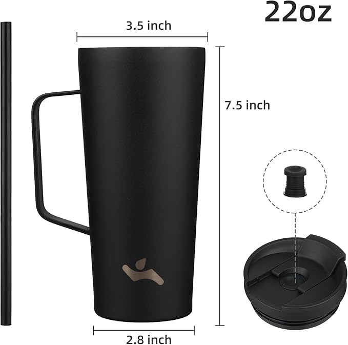 Insulated Tumbler with Handle and Straw, 22 OZ Travel Coffee Mug Stainless Steel Cup Metal Water Bottle,Black