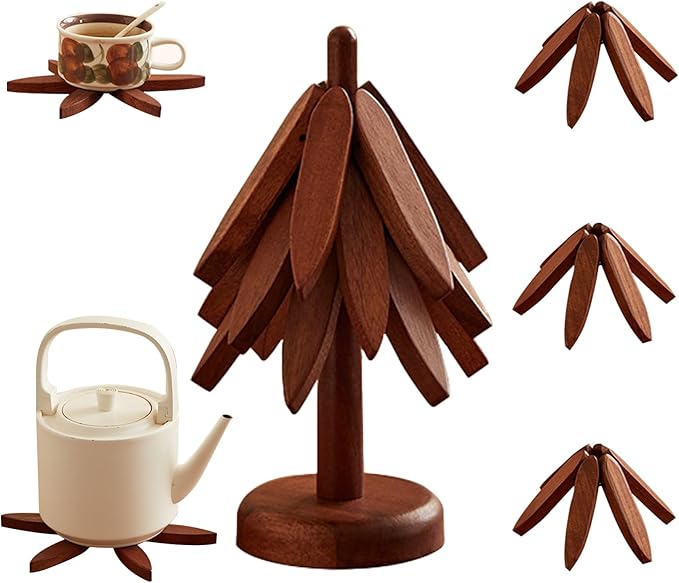 Wooden Trivets for Hot Dishes, Wooden Tree Coasters Tree Shape Trivet Set for Hot Pots and Pans, Foldable Kitchen Walnut Table Mat for Easy Storage, Coaster with 3 Wooden Trivets,1 Stand
