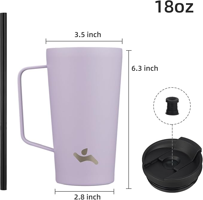 Insulated Tumbler with Handle and Straw, 18 OZ Travel Coffee Mug Stainless Steel Cup Metal Water Bottle,Taro