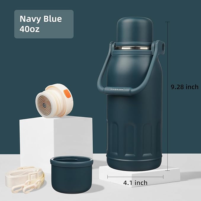 Insulated Water Bottle with Handle and Strap,Vacuum Travel Tumbler with Cup Lid,Thermo Coffee Cup for Hot Cold Drinks 40 OZ,Navy Blue
