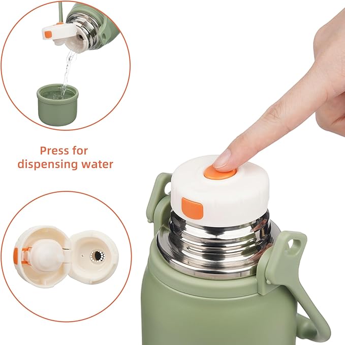 Insulated Water Bottle with Handle and Strap,Vacuum Travel Tumbler with Cup Lid,Thermo Coffee Cup for Hot Cold Drinks 40 OZ,Army Green