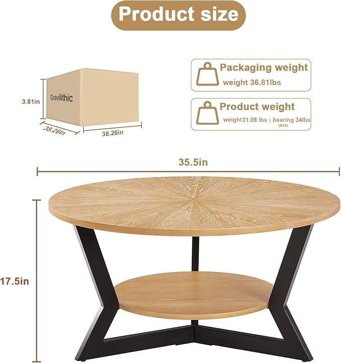 Round Wood Coffee Table for Living Room, 2-Tier Rustic Circle Coffee Table with Storage, 35”x 17” Real Wood Desktop with Metal Frame, Radial Pattern