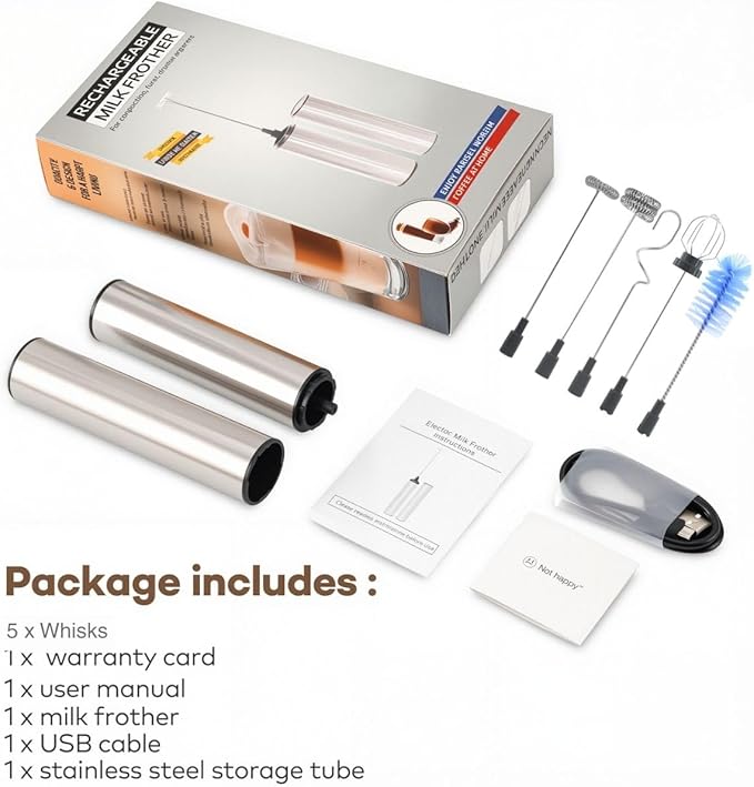 Rechargeable Milk Frother Handheld Electric Frother Wand Milk Foamer Drink Mixer for Coffee, Lattes, Cappuccino, and Egg, Stainless Steel for Travel-Silver