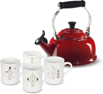 Le Creuset 1.7 qt. Whistling Kettle Bundle with 14 oz. Set of 4 Holiday Mugs - Cerise