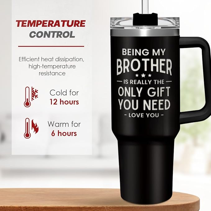 SANDJEST Brother Gift from Sister, 40oz Stainless Steel Insulated Coffee Tumbler With Lid & Straw, Travel Mug for Men, Christmas Birthday Father's Day