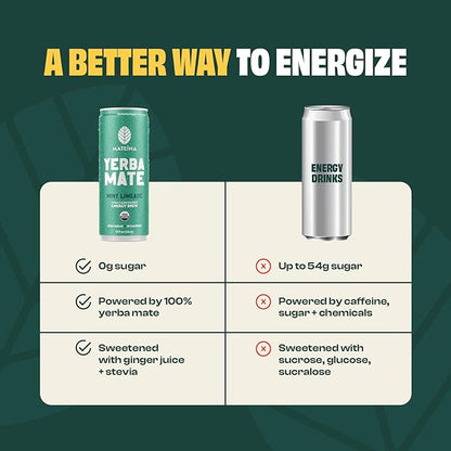 Mateina Yerba Mate Zero Sugar Energy Drink – 120mg Natural Caffeine – Organic, Non-GMO, Non-Carbonated – Dr. Andrew Huberman Recommended – 12 Pack (12oz Cans) (12 Pack, Mint Limeade)