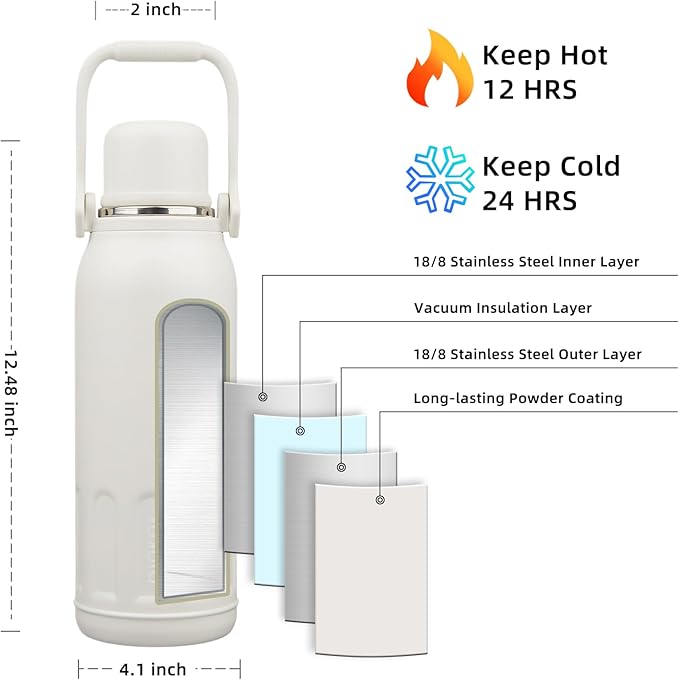 BJPKPK Insulated 50oz Thermal Dishwasher Safe Water Bottle with Lid and Carry Handle Stainless Steel Water Bottles for Outdoor Sports,Beige