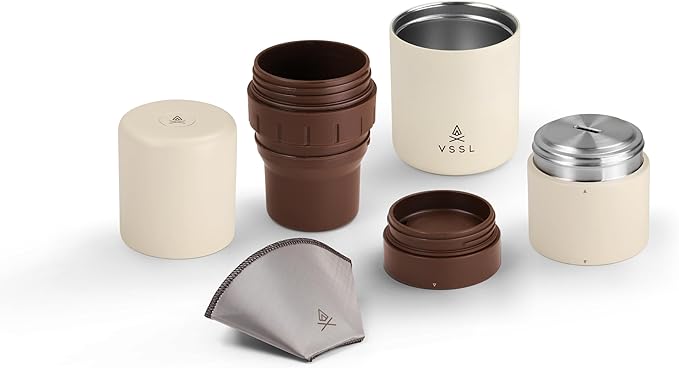 Nest Pour Over Coffee Kit | Coffee Maker for Camping | All-In-One Travel Pour Over | Transportable Dripper, Two 10oz Stainless Steel Travel Mugs | Compact Storage & Adventure Ready | Cream