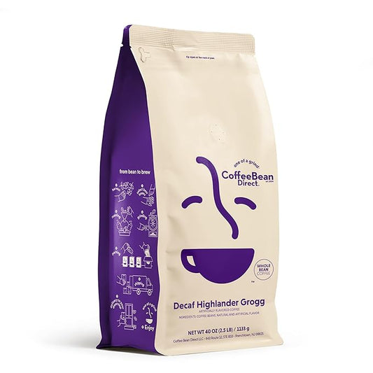 Coffee Bean Direct Decaf Highlander Grogg Flavored, Whole Bean Coffee, 2.5 Pound Bag