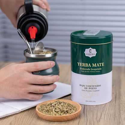 Yerba Mate, CUOPRU Traditional Argentinian Mate Tea, Low Tea Powder, Original Leaves without Stems, Included Portable Storage Container(Green Traditional)