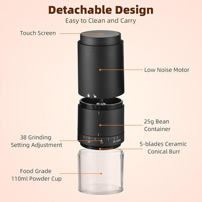 Irishom Coffee Bean Grinder with 38 Grinding Setting, Digital Power Display, 5-blades Ceramic Conical Burr, One Button Start and Auto Stop, Handheld Electric Espresso Grinding Machine