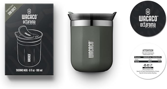 WACACO Octaroma Classico Vacuum Insulated Coffee Mug, Double-wall Stainless Steel Travel Tumbler With Drinking Lid, 6 fl oz (180ml), Dim Grey