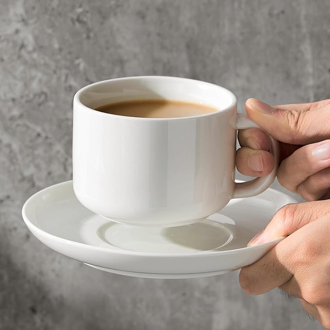 Coffee Cups and Saucers Set of 6 with Stainless Steel spoons, 8oz Ceramic Cappuccino Cups Set, White Durable Porcelain Cups for Tea, Espresso, Latte, Mocha