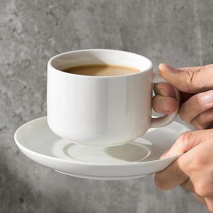 Coffee Cups and Saucers Set of 6 with Stainless Steel spoons, 8oz Ceramic Cappuccino Cups Set, White Durable Porcelain Cups for Tea, Espresso, Latte, Mocha