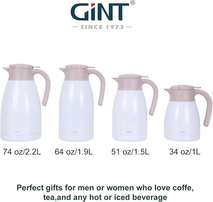 GiNT 1L / 34Oz Thermal Coffee Carafe, Insulated Stainless Steel Coffee Carafes for Keeping Hot/Double Walled Vacuum Thermal Carafe (White)