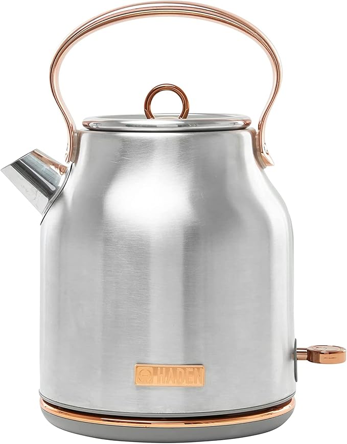 Haden Heritage 1.7 Liter Stainless Steel Electric Kettle, Hot Water Kettle with 360-Degree Base and Auto Shutoff, Steel & Copper