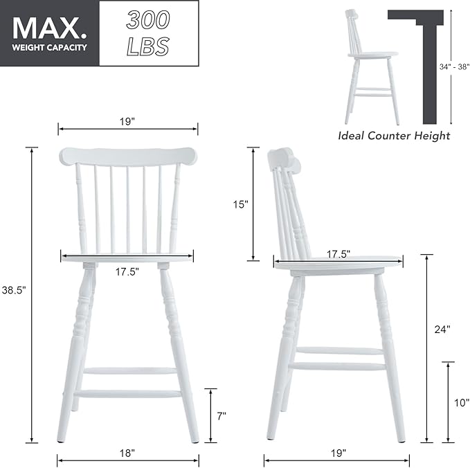 chairus 24" White Windsor Counter Height Bar Stools Set of 2, Farmhouse Wooden Counter Stools with Spindle Back & Turned Legs, Rustic Vintage Colonial Bar Chairs for Kitchen Island