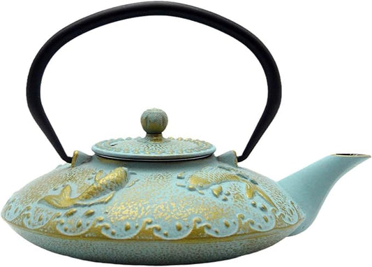 27.1oz Small Cast Iron Teapot, SECHUDO Japanese Style Tea Kettle Coated with Enameled Interior for Stovetop Safe,Cast Iron Tea Pot with Stainless Steel Strainer for Loose Leaf,Flat Fish Pattern(800ml)