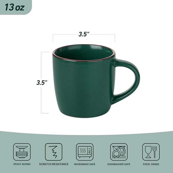 famiware Mercury Coffee Mugs 13 oz, Coffee Mugs Set of 6 with Handle, Cups for Latte, Hot Tea, Cappuccino, Mocha, Cocoa, Dark Green