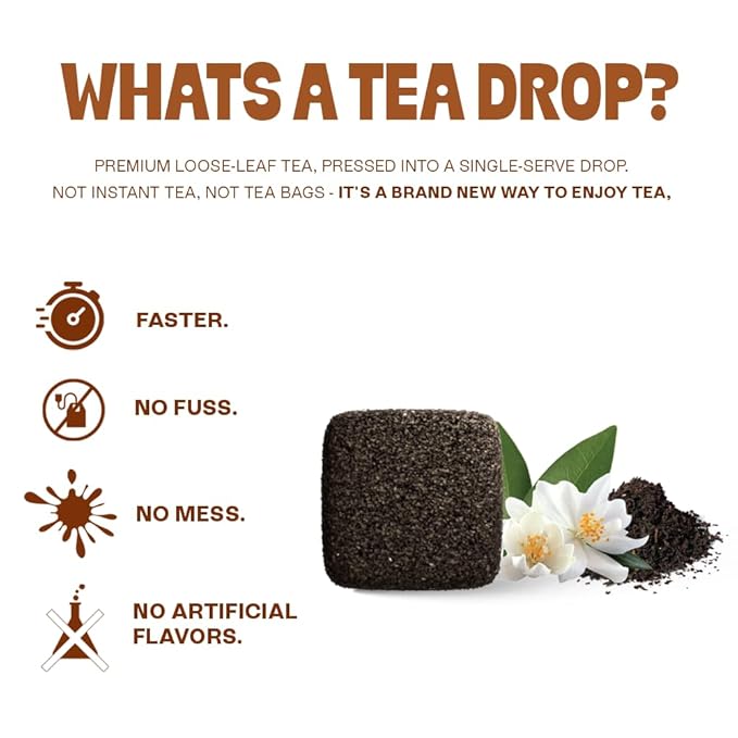 Tea Drops 30 Bulk Pack Organic Vanilla Black Bagless Tea - Loose Leaf, Lightly Sweetened, On-The-Go. Plastic-Free - Iced or Hot