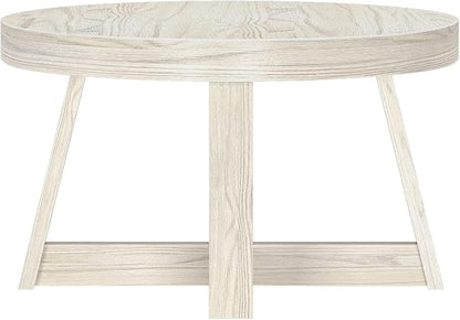 Plank+Beam Classic Round Coffee Table, 30 Inch Farmhouse Coffee Table, Mini Center Tables for Small Spaces, Small Living Space Tea Table, White Sand Wirebrush