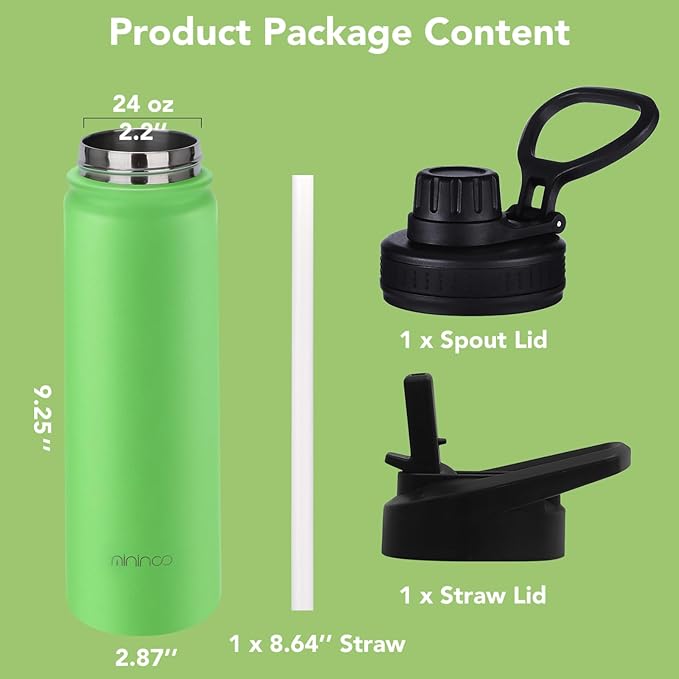 mininoo 24 oz Insulated Water Bottle with Straw, Stainless Steel Double Wall Vacuum with Straw Lid & Chug Lid, Leak Proof, BPA Free, Keep Cold for 24H & Hot for 12H(Green)