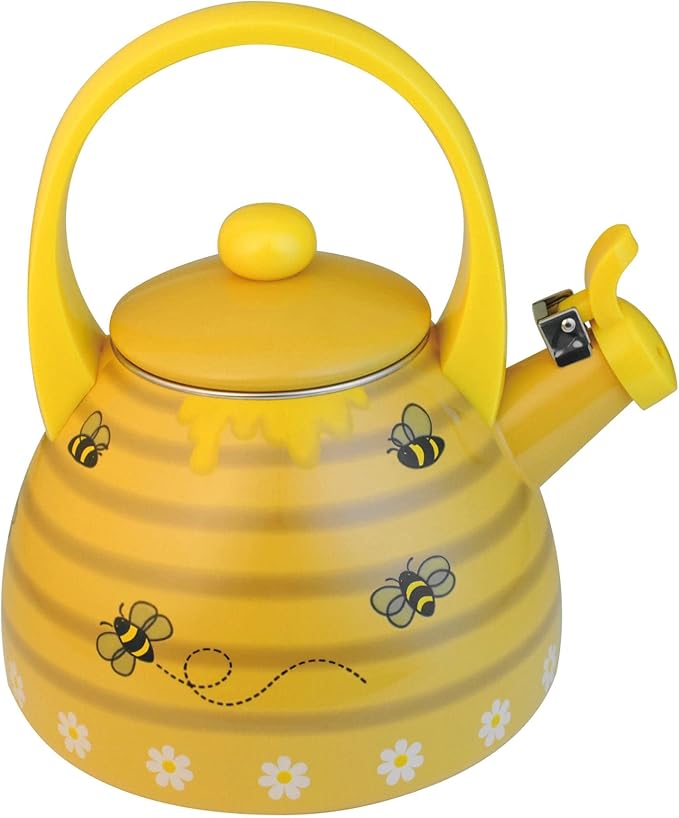 UPware Enamel on Steel Whistling Tea Kettle, Stovetop Teakettle (2.4 Quart, Bee Hive)