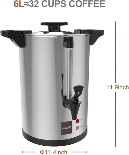 Valgus Commercial Coffee Urn 32-Cup 6L Stainless Steel Large Coffee Maker with Percolator Electric Hot Water Dispenser for Party, Office, Wedding